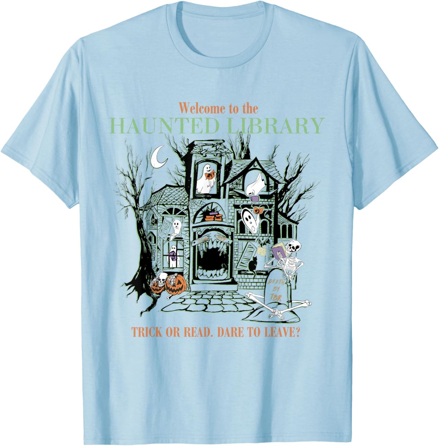 Retro Welcome To The Haunted Library Book Lovers Halloween T-Shirt - T-Shirt | Light Blue