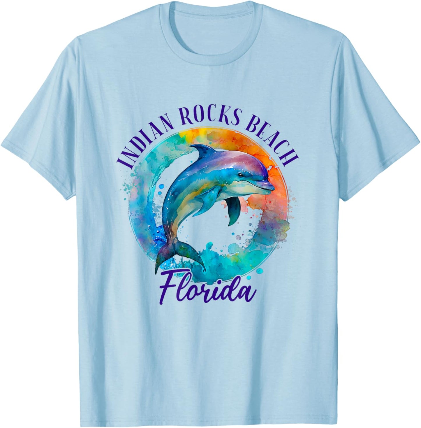 Indian Rocks Beach Florida Happy Watercolor Dolphin Men Women Girls Kids T-Shirt - T-Shirt | Light Blue