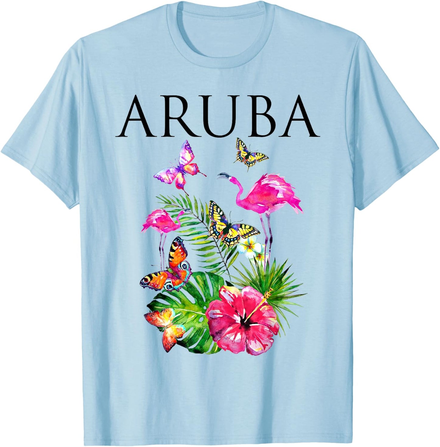 Aruba Flowers Paradise Butterflies Hawaii Print T-Shirt - T-Shirt | Light Blue
