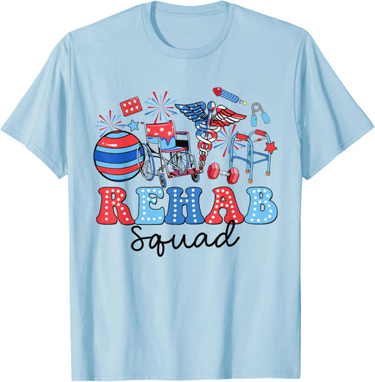 Retro Rehab Squad American Flag Rehab Nurse 4th Of July Women Men T-Shirt - T-Shirt | Light Blue