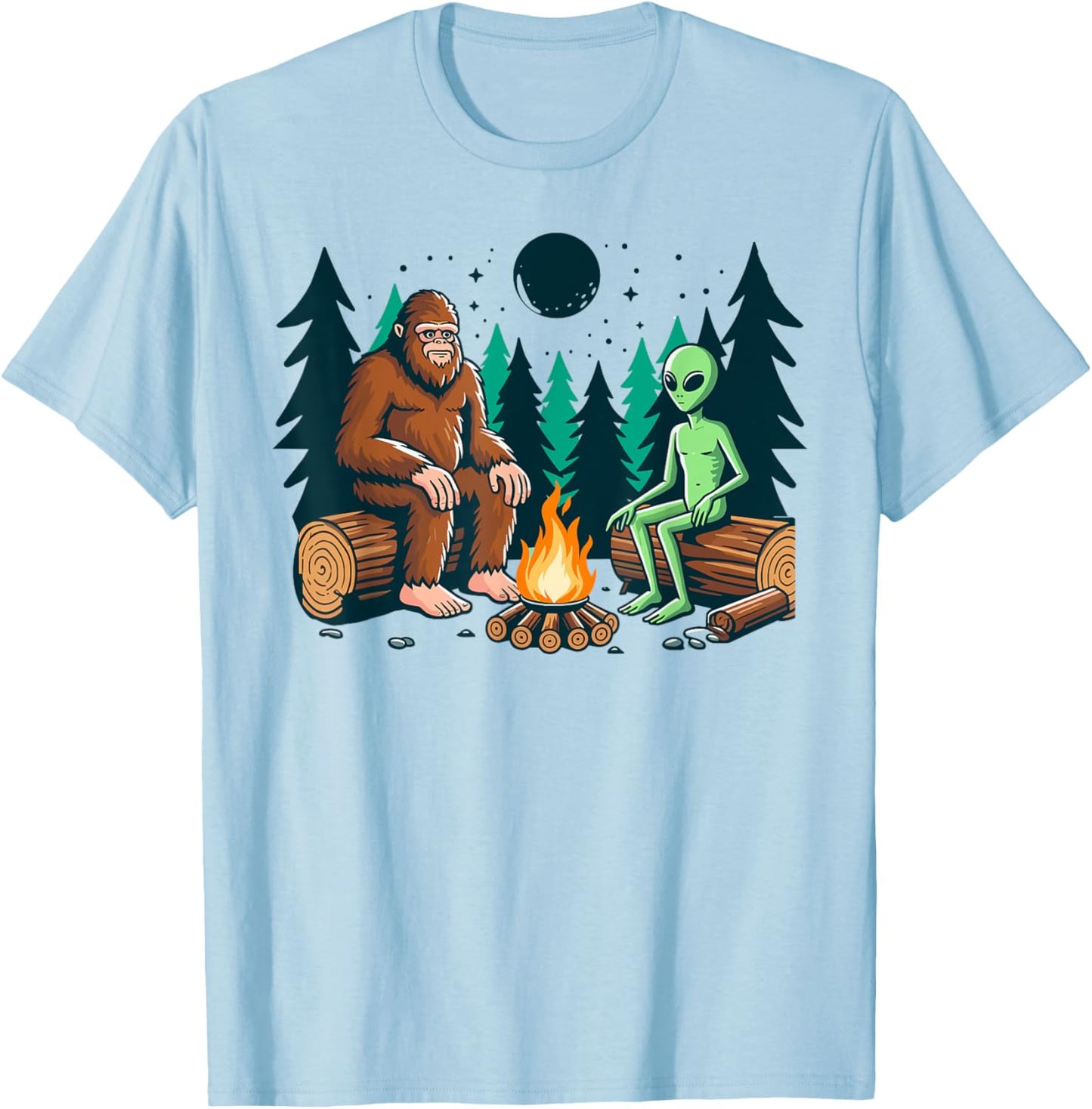 Bigfoot and alien camping sasquatch camp fire T-Shirt - T-Shirt | Light Blue