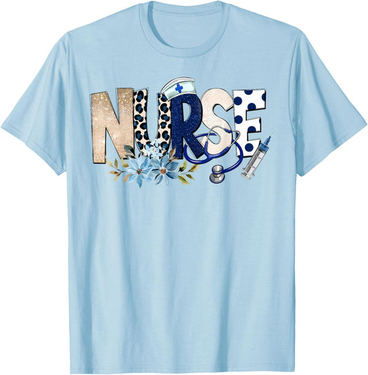 Nurse Life Floral Flowers T-Shirt - T-Shirt | Light Blue