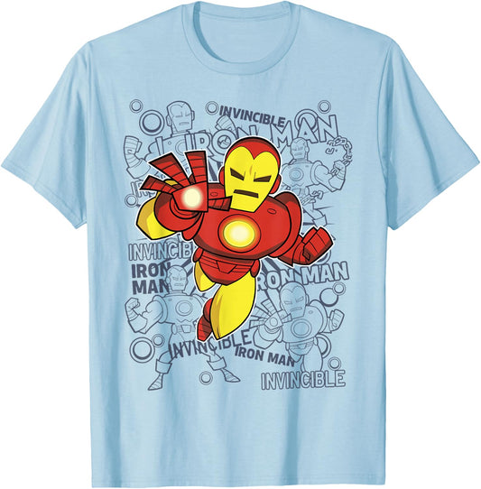 Marvel Iron Man Retro Portrait Sketch Background T-Shirt - T-Shirt | Light Blue