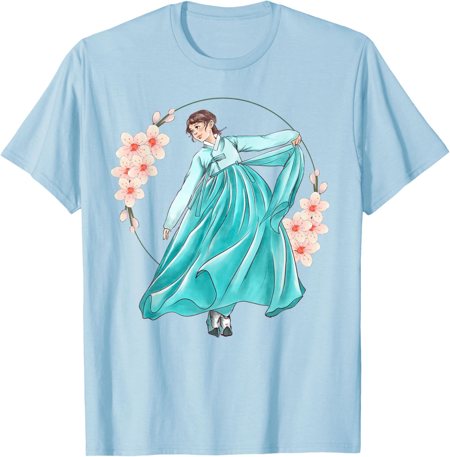 Girl Wearing Traditional Korean Hanbok T-Shirt - T-Shirt | Light Blue