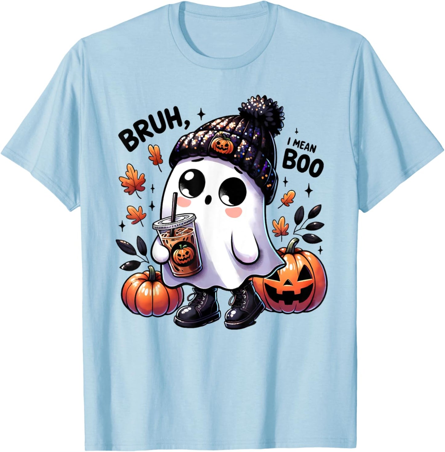 Bruh I Mean Boo Funny Ghost Jack O Lantern Coffee Halloween T-Shirt - T-Shirt | Light Blue