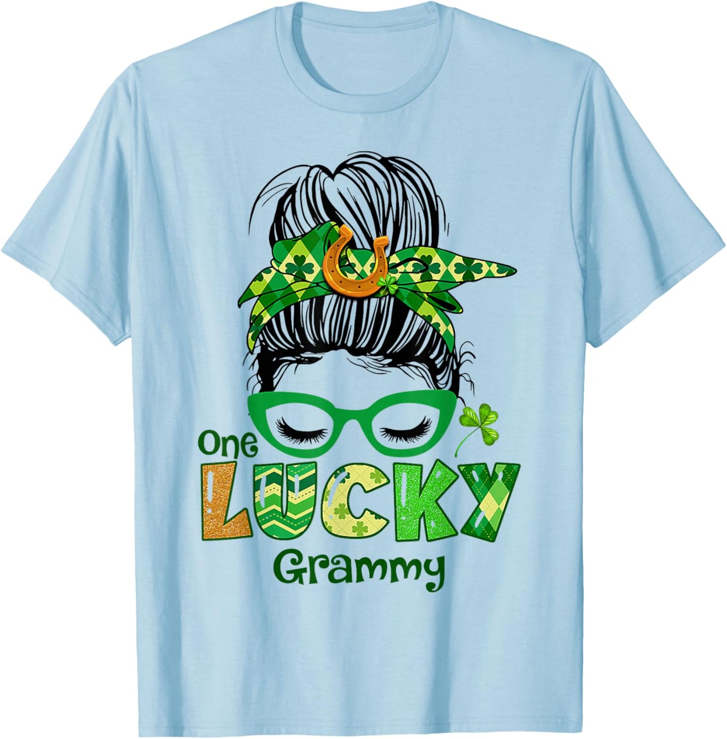 One Lucky Grammy Messy Bun Leopard St Patricks Day Shamrock T-Shirt - T-Shirt | Light Blue
