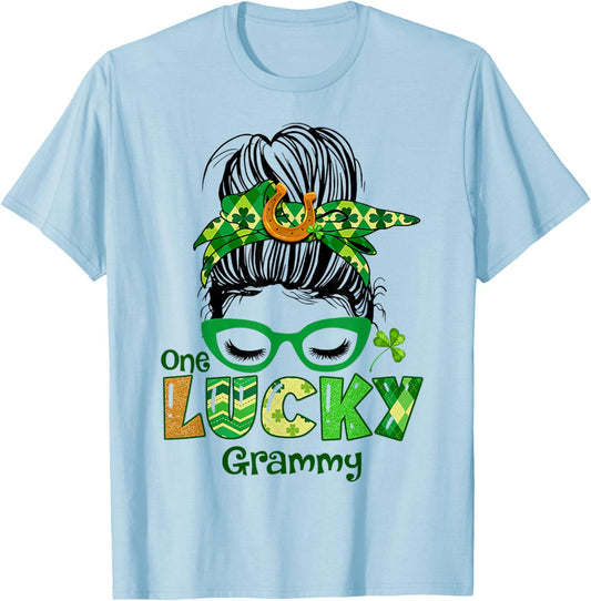 One Lucky Grammy Messy Bun Leopard St Patricks Day Shamrock T-Shirt - T-Shirt | Light Blue