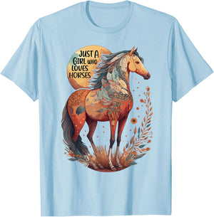 Just a girl who loves horses - Bohemian Horse Lover Themed T-Shirt - T-Shirt | Light Blue