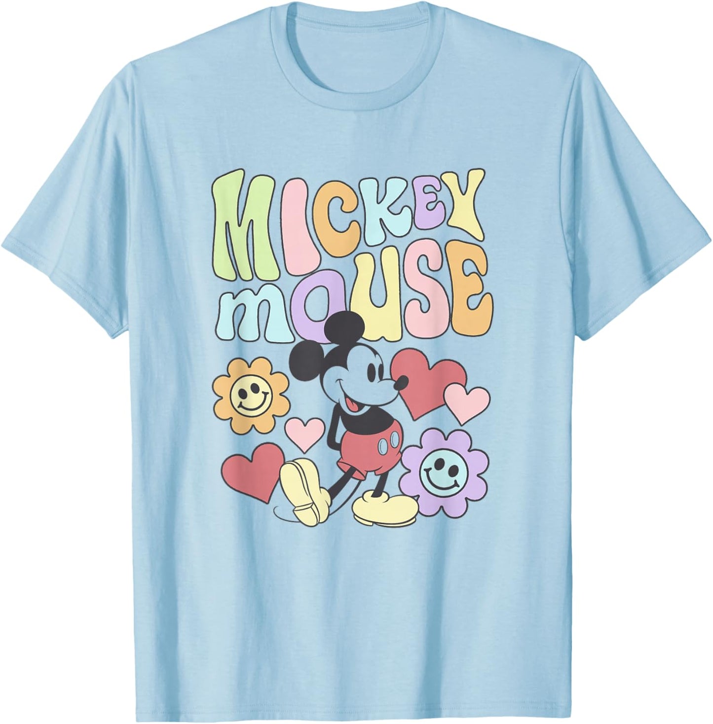 Disney Mickey and Friends Groovy 70's Retro Floral Text Icon T-Shirt - T-Shirt | Light Blue