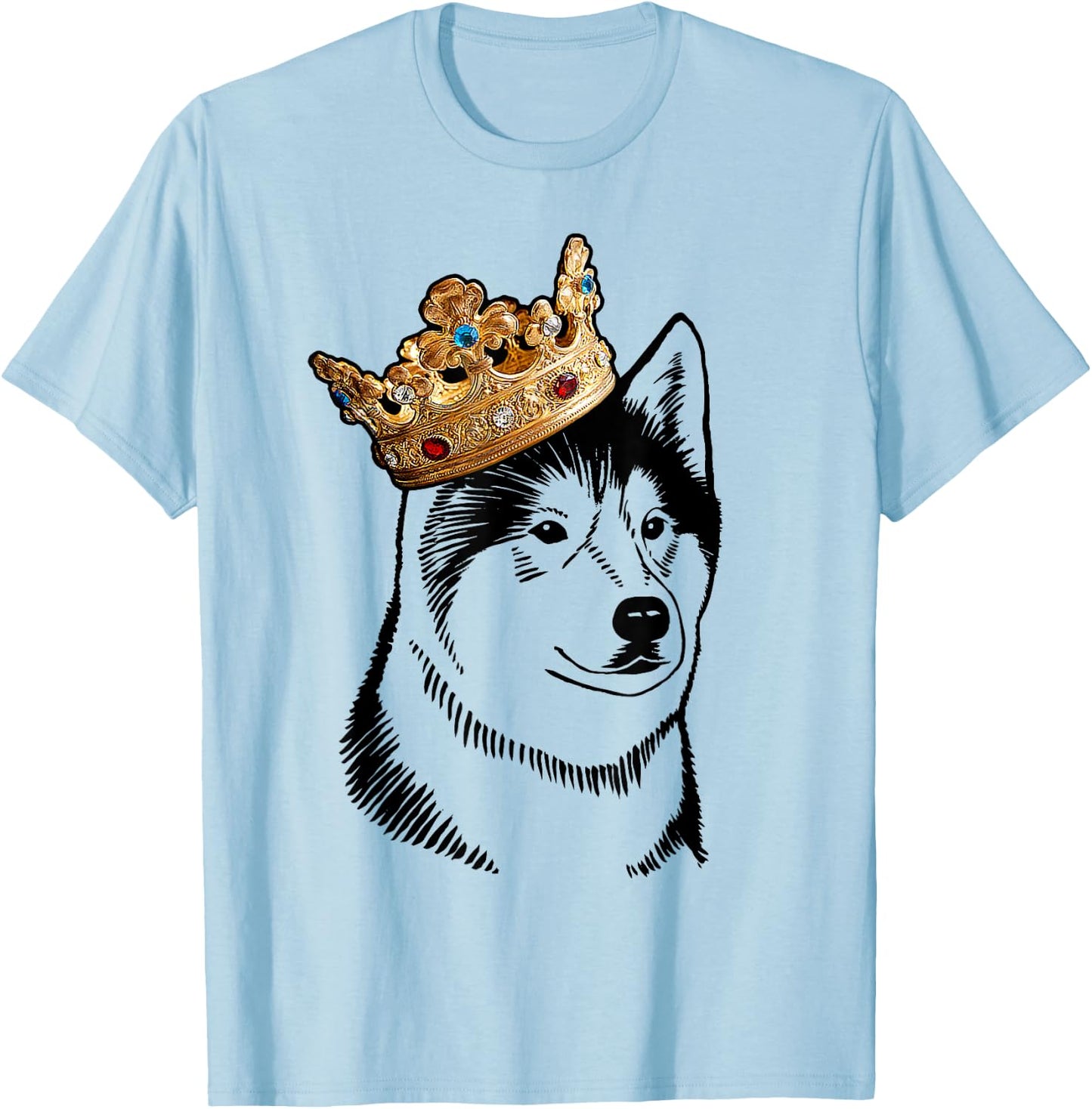 Alaskan Malamute Dog Wearing Crown Men Women Girls Kids T-Shirt - T-Shirt | Light Blue