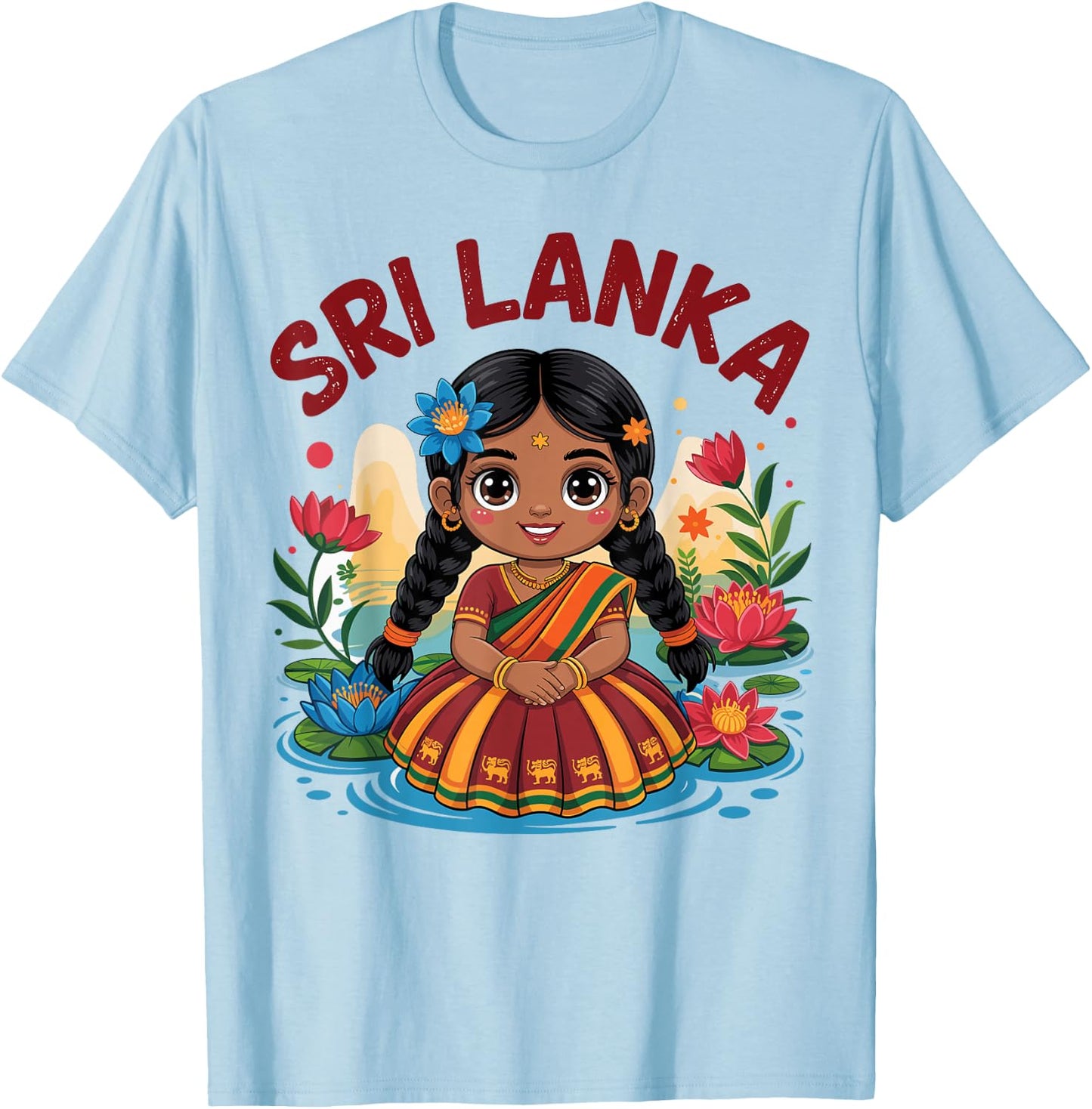Sri Lankan Girl in Traditional Dress with Lotus Flowers Kids T-Shirt - T-Shirt | Light Blue