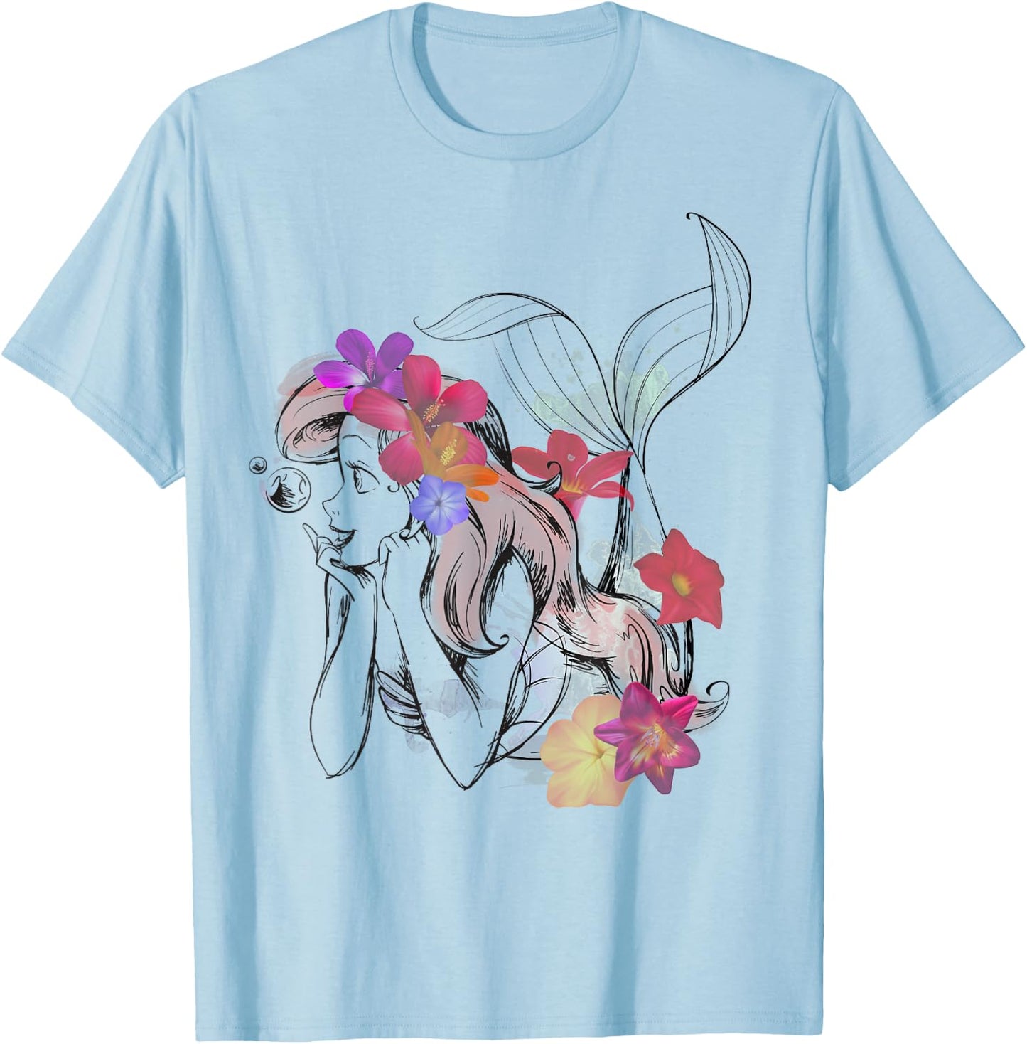 Disney The Little Mermaid Floral Watercolor Outline T-Shirt - T-Shirt | Light Blue