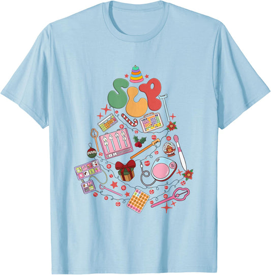Groovy Speech Therapy Xmas SLP Christmas Tree SLPA Holiday T-Shirt - T-Shirt | Light Blue