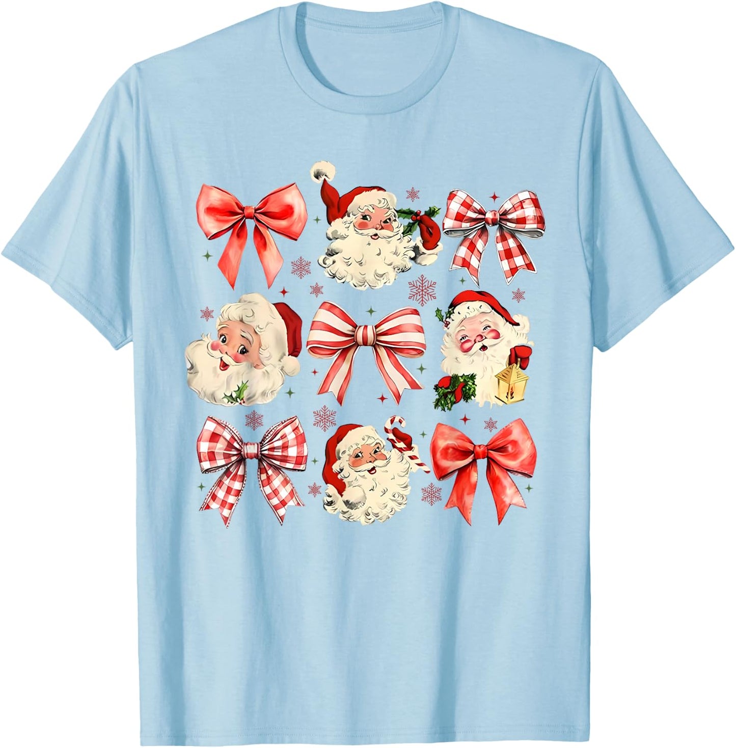 Retro Coquette Santa Red Bows Christmas Girl T-Shirt - T-Shirt | Light Blue
