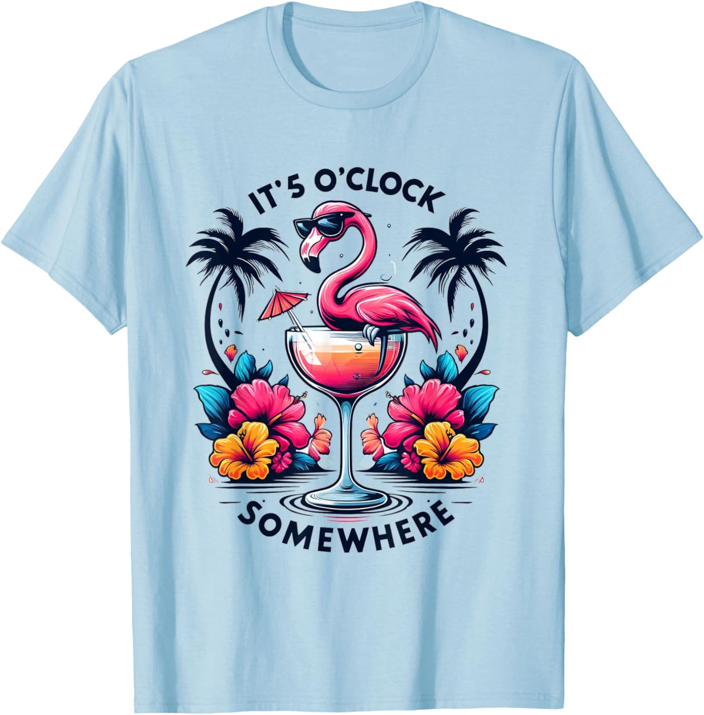 It's 5 O'Clock Somewhere Flamingo Beach Vacation Drinking Women T-Shirt - T-Shirt | Light Blue