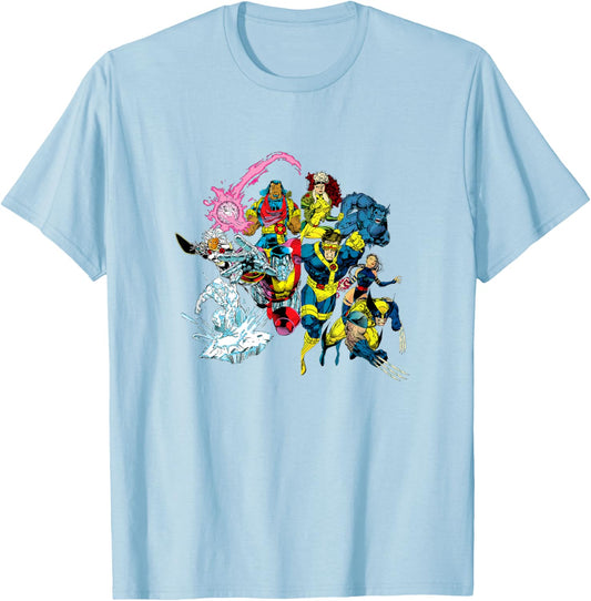 Marvel X-Men Classic Lineup Action Group Shot Retro T-Shirt - T-Shirt | Light Blue