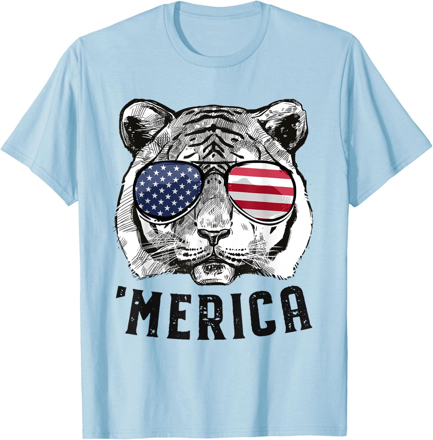 Tiger American Flag 4th of July Merica Sunglasses T-Shirt - T-Shirt | Light Blue