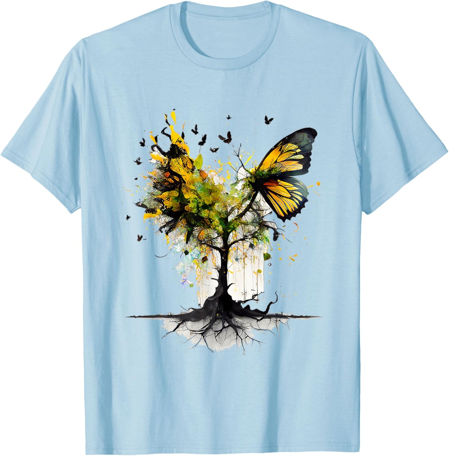 Butterfly Animal Tree Creative Art T-Shirt - T-Shirt | Light Blue