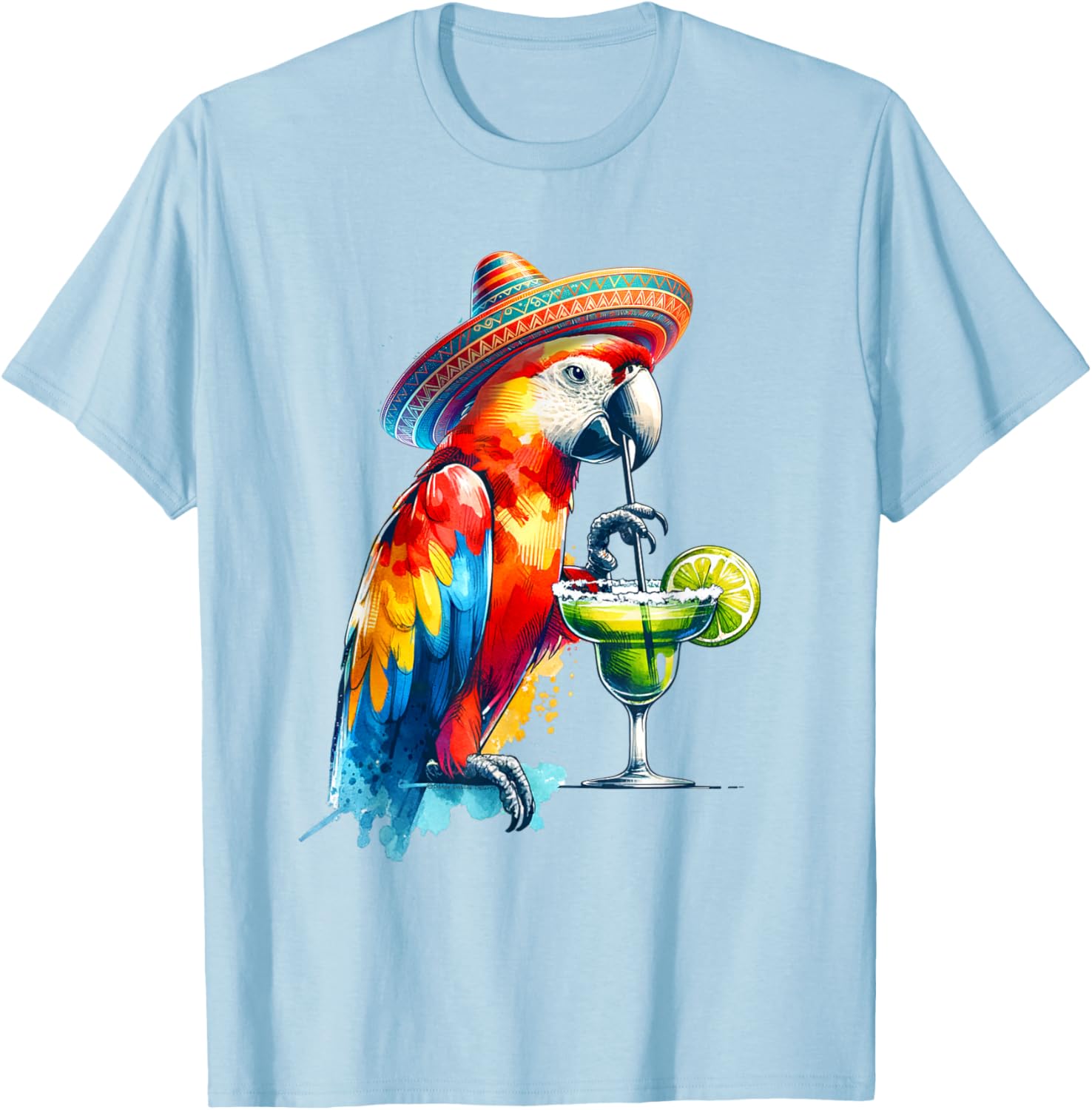 Cinco de Mayo Mexican Sombrero Parrot Drinking a Margarita T-Shirt - T-Shirt | Light Blue