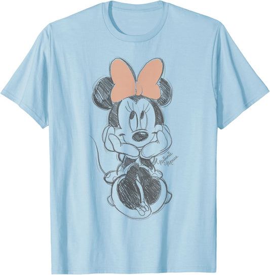 Disney Minnie Mouse Classic Sketch Cute Vintage Portrait T-Shirt - T-Shirt | Light Blue