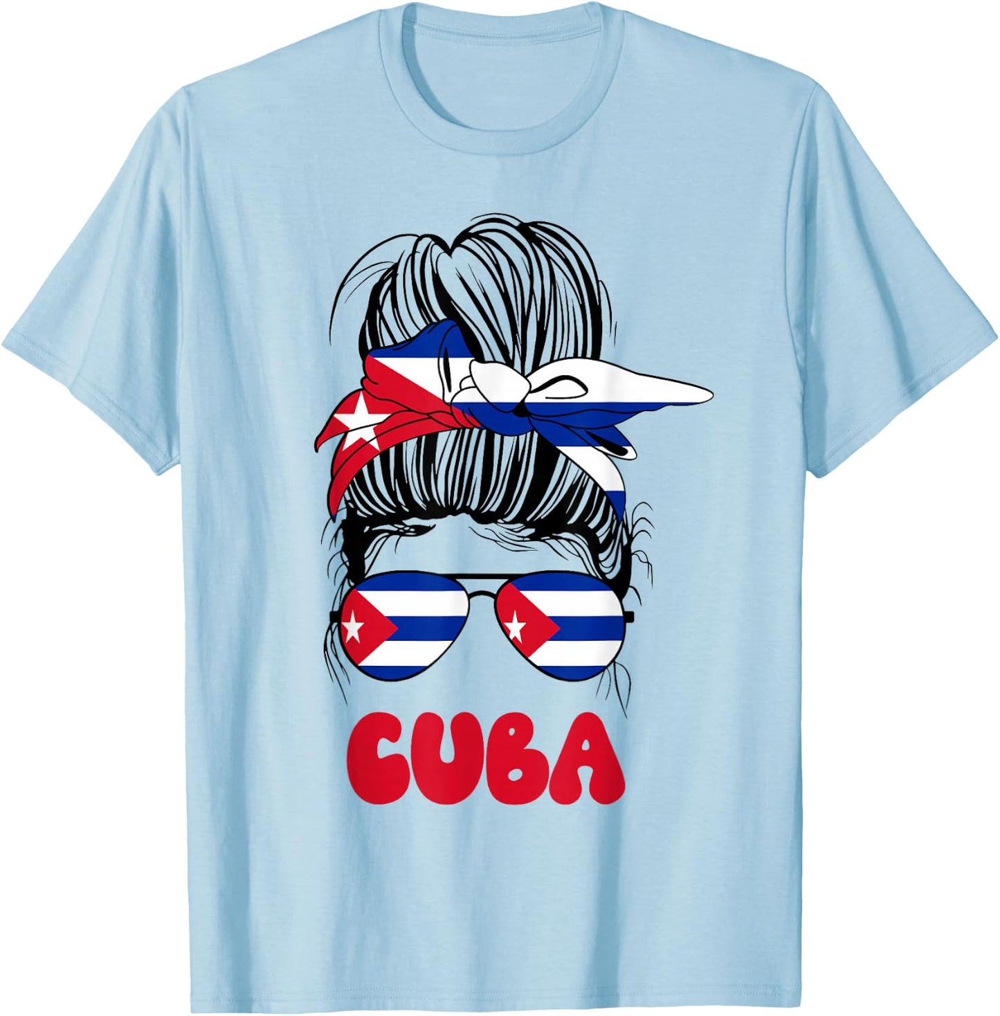 Cuban Women Messy Bun Proud Cuba Flag For Girls T-Shirt - T-Shirt | Light Blue