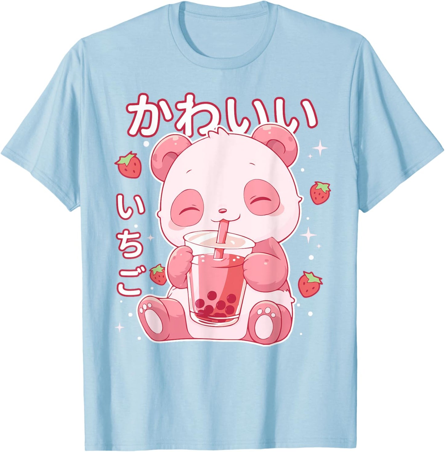 Kawaii Panda Strawberry Boba Milk Japanese Anime aesthetic T-Shirt - T-Shirt | Light Blue