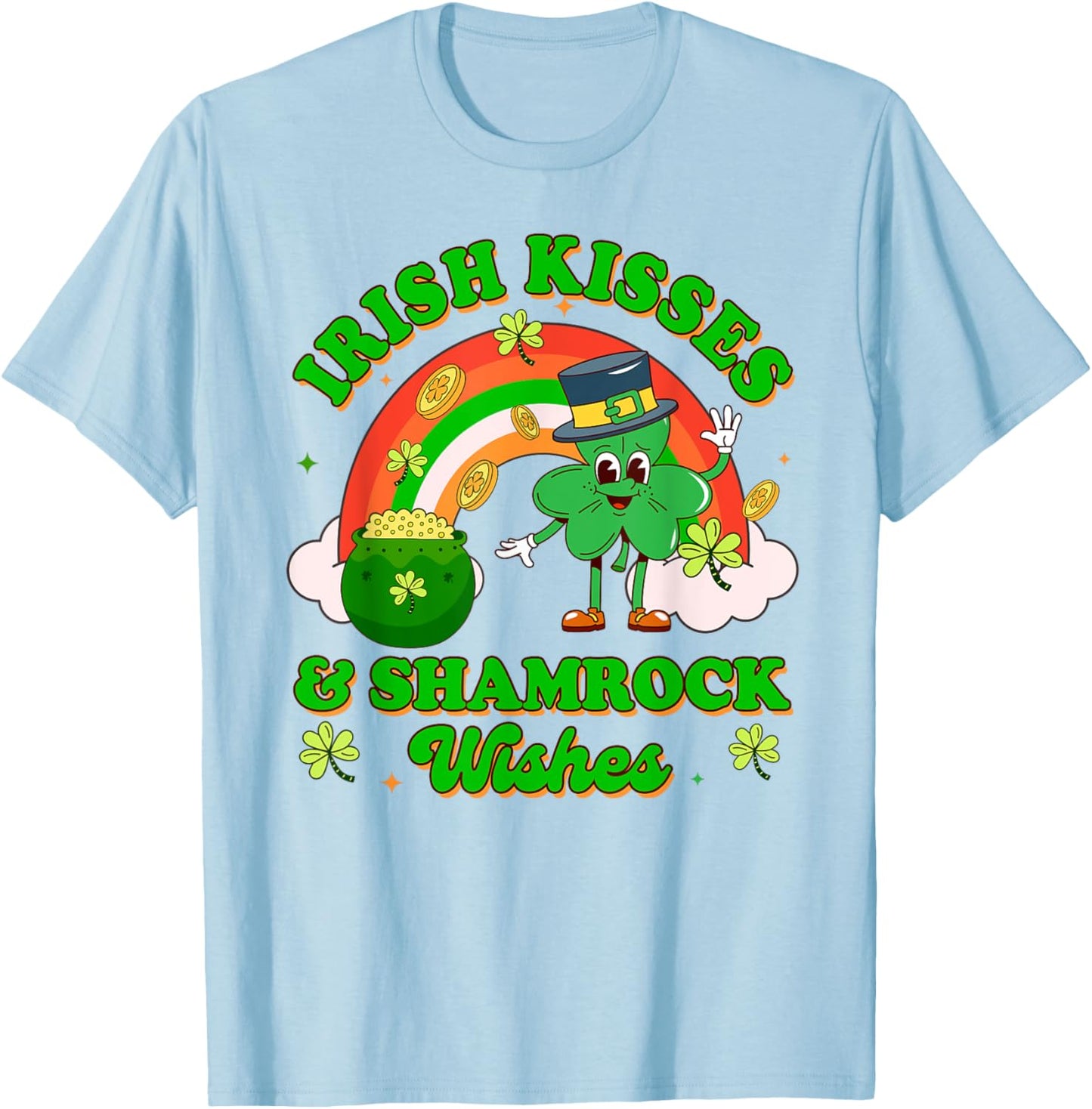 St. Patrick's Lucky Shamrock Irish Kisses & Shamrock Wishes T-Shirt - T-Shirt | Light Blue