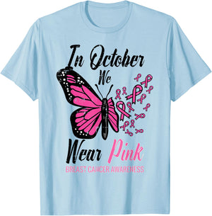 In October We Wear Pink Butterfly Breast Cancer Awareness T-Shirt - T-Shirt | Light Blue