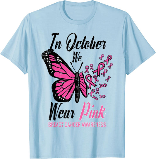 In October We Wear Pink Butterfly Breast Cancer Awareness T-Shirt - T-Shirt | Light Blue