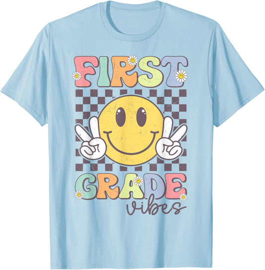 First Grade Vibes Smile Face 1st Grade Team Back To School T-Shirt - T-Shirt | Light Blue