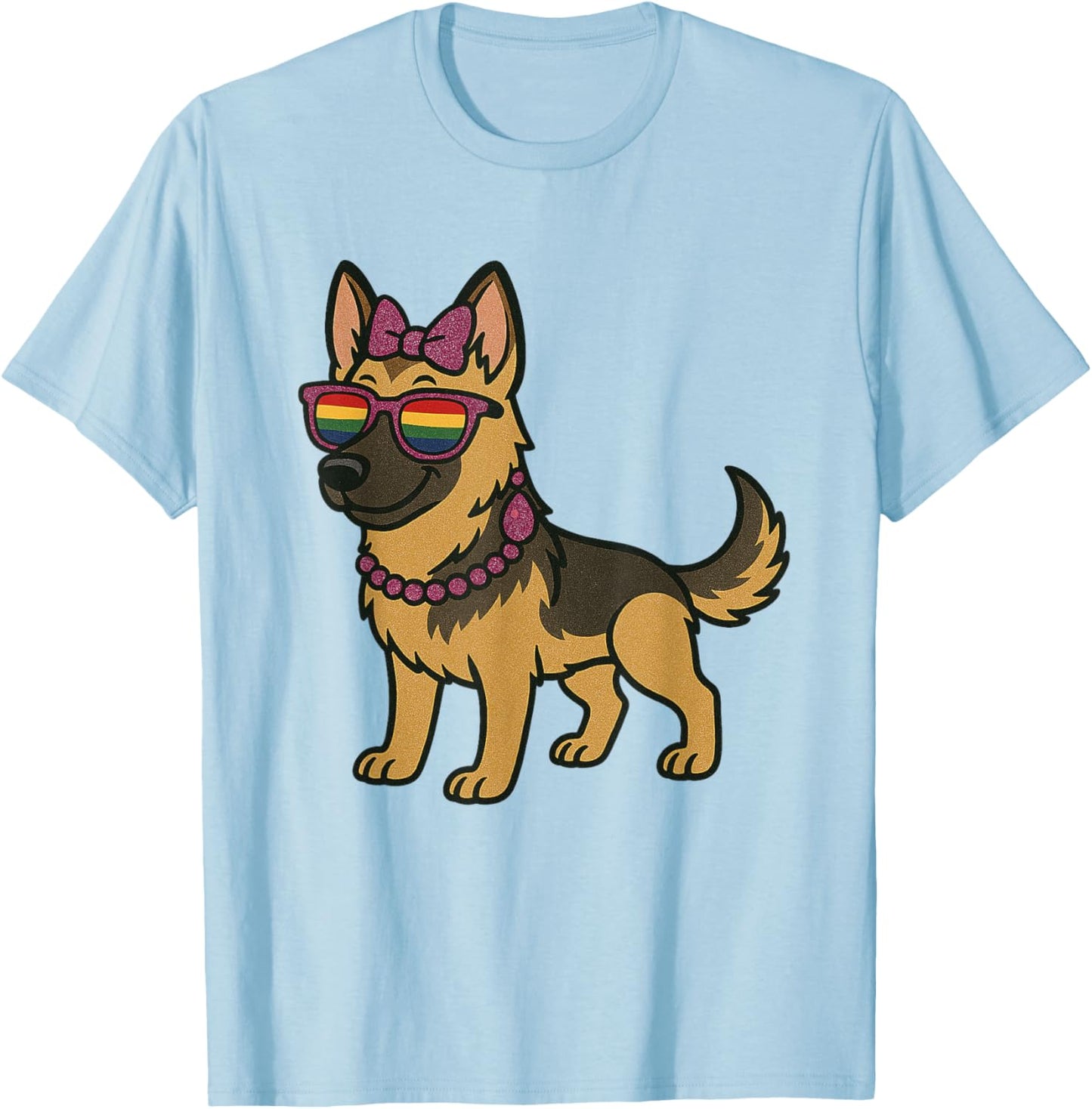 German Shepherd LGBTQ Pride Rainbow Glam Funny Dog Lovers T-Shirt - T-Shirt | Light Blue