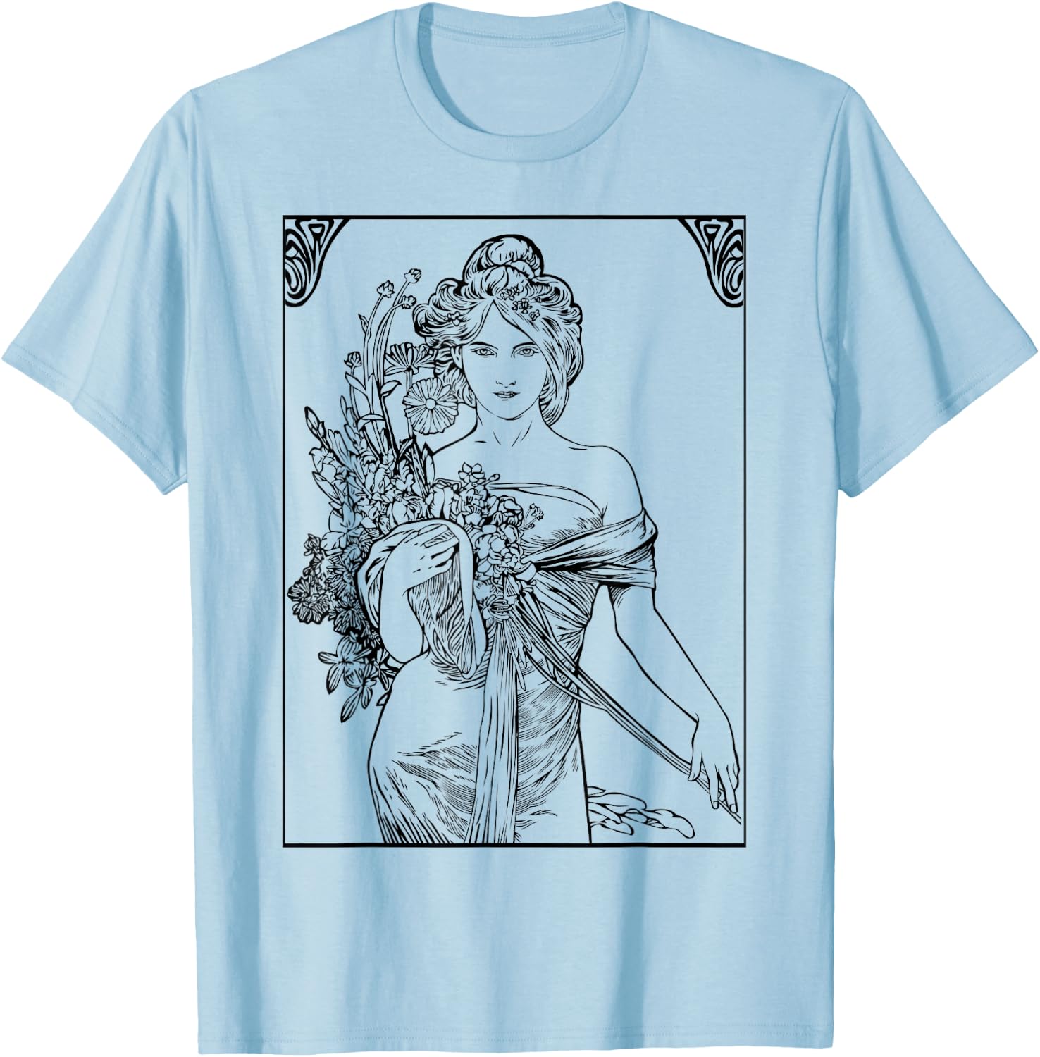 Art Nouveau Girl Holding Wild Flowers T-Shirt - T-Shirt | Light Blue