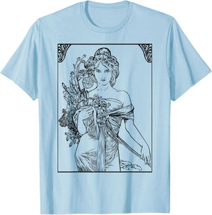 Art Nouveau Girl Holding Wild Flowers T-Shirt - T-Shirt | Light Blue