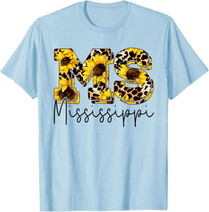 Mississippi Sunflower Leopard Print Gift T-Shirt - T-Shirt | Light Blue