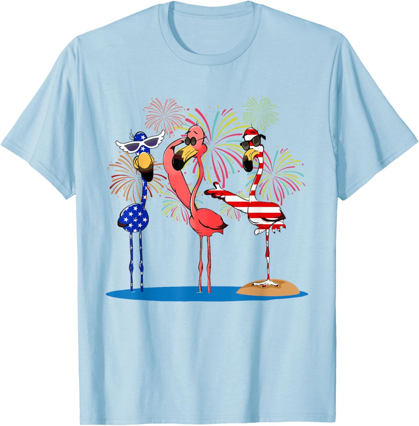 Flamingos And Fireworks Red White Blue 4th Of July American T-Shirt - T-Shirt | Light Blue