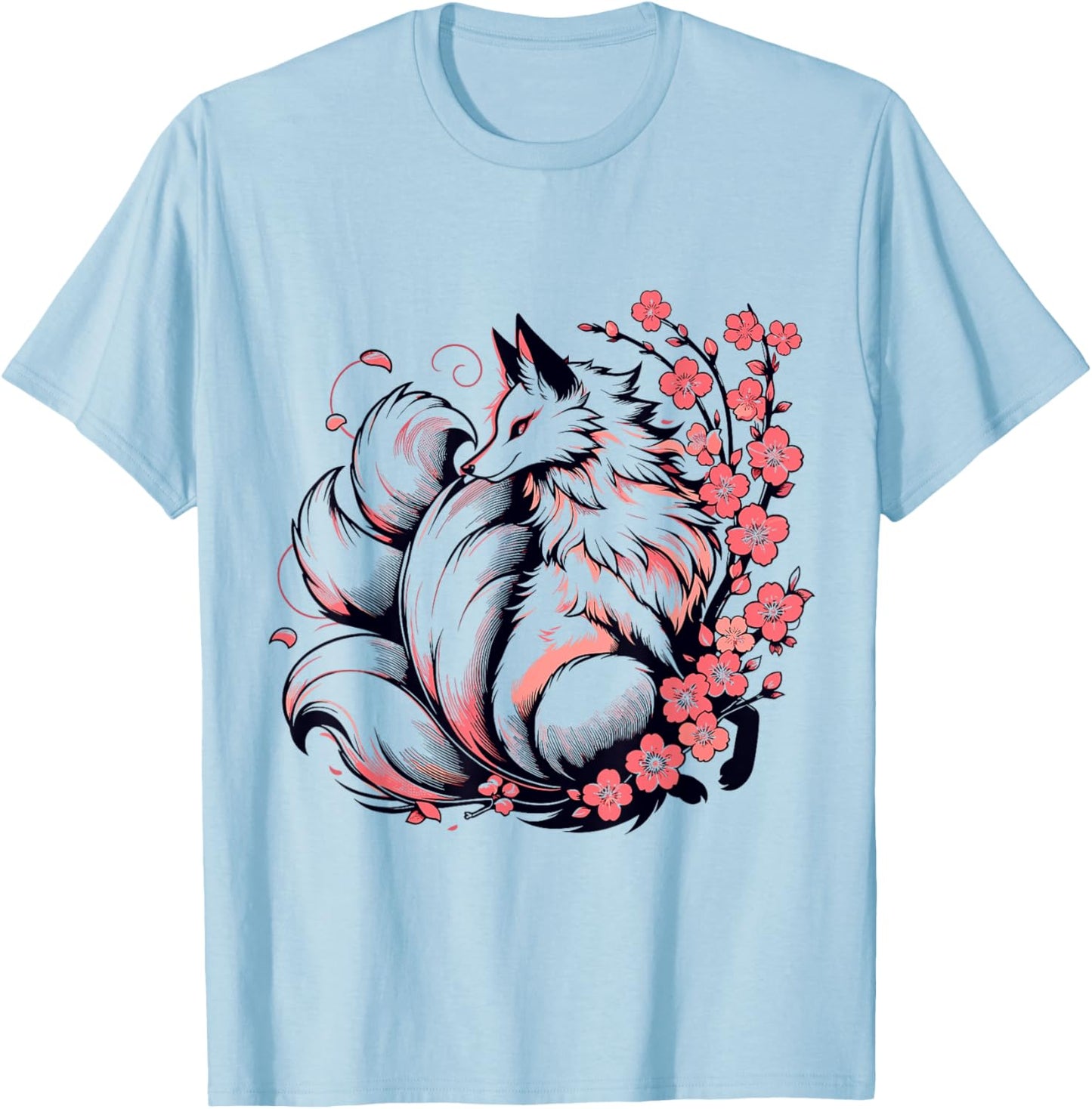 Retro Japanese Kitsune Nine Tailed Fox Cherry Blossom Anime T-Shirt - T-Shirt | Light Blue