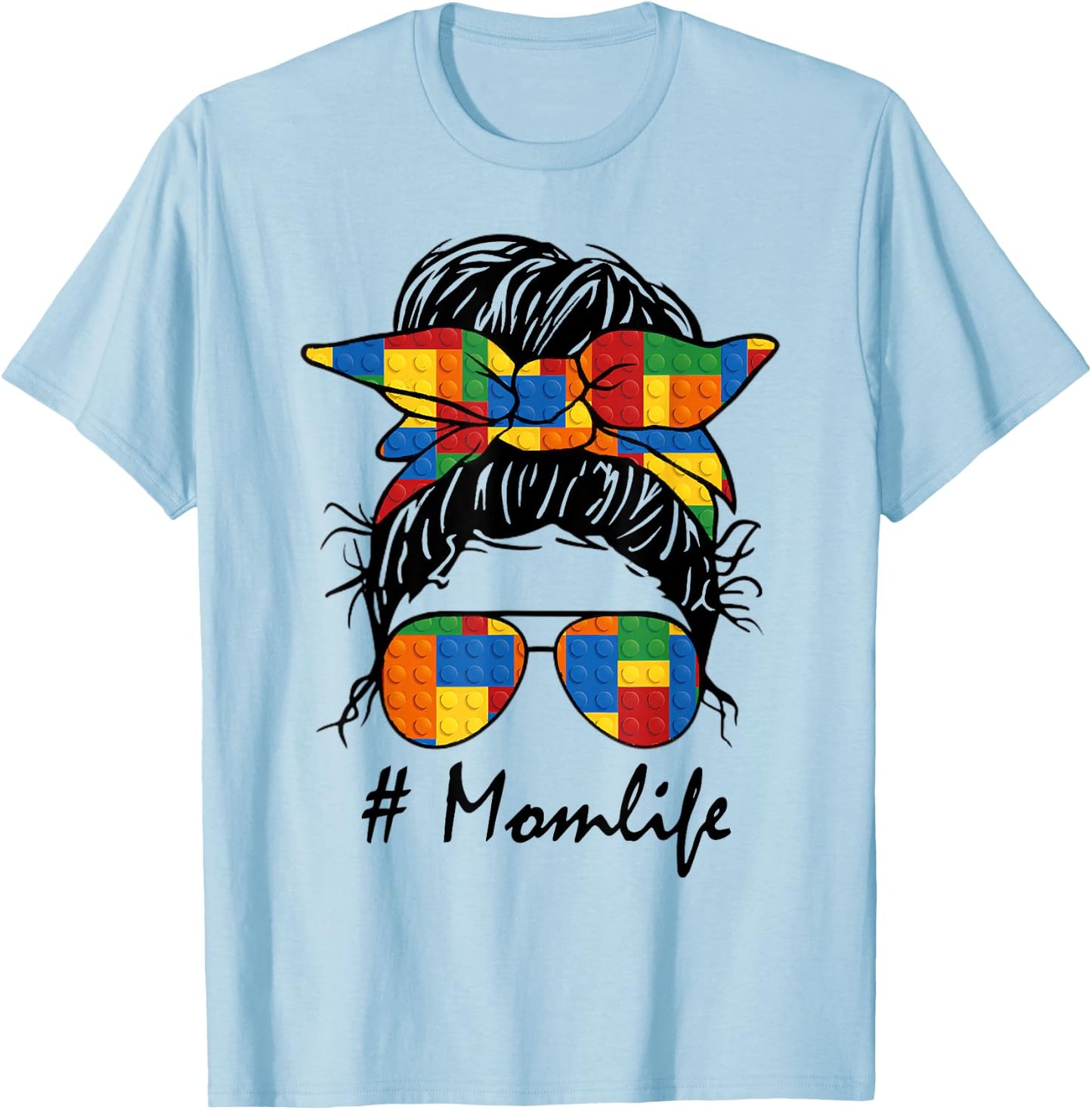 Building Block Messy Bun Mom Life Master Builder Mothers Day T-Shirt - T-Shirt | Light Blue