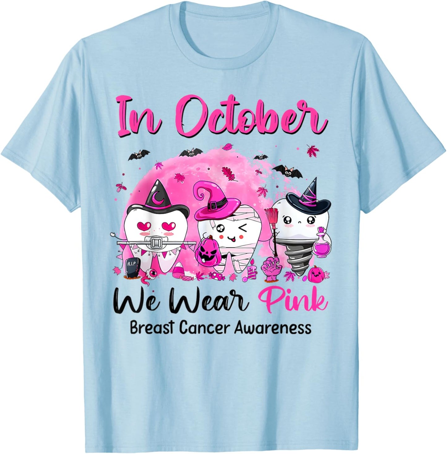 In October we Wear Pink Breast Cancer Leopard Dentist Dental T-Shirt - T-Shirt | Light Blue