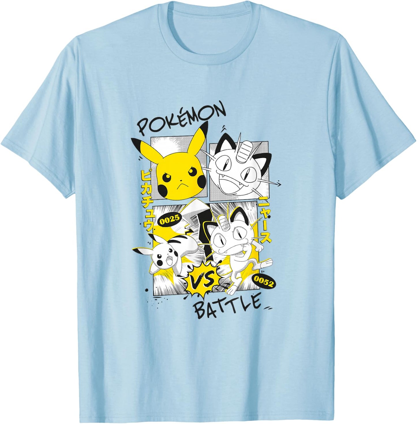 Pokémon Pikachu Vs Meowth Retro Panels Kanji Big Chest T-Shirt - T-Shirt | Light Blue