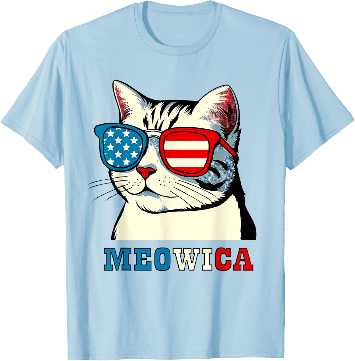 Meowica 4th of July Cat Sunglasses American USA Flag Cat T-Shirt - T-Shirt | Light Blue