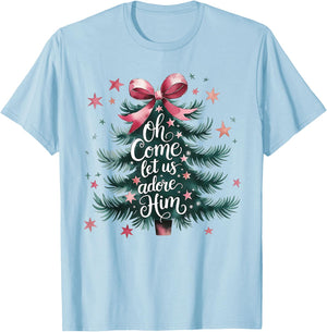 Oh Come Let Us Adore Him Christmas Tree T-Shirt - T-Shirt | Light Blue