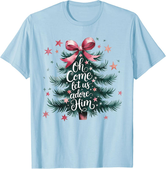 Oh Come Let Us Adore Him Christmas Tree T-Shirt - T-Shirt | Light Blue
