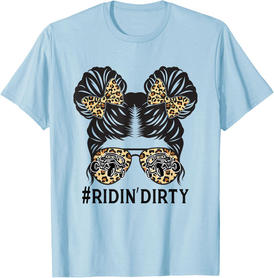 Retro Utv Messy Bun Sunglasses Mud Riding SXS Women Girl T-Shirt - T-Shirt | Light Blue