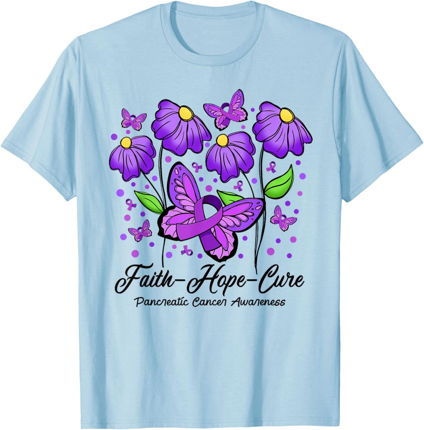 Faith Hope Cure Flower Butterfly Pancreatic Cancer T-Shirt - T-Shirt | Light Blue