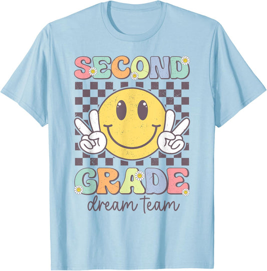 Second Grade Dream Team Smile Face Back To School 2nd Grade T-Shirt - T-Shirt | Light Blue
