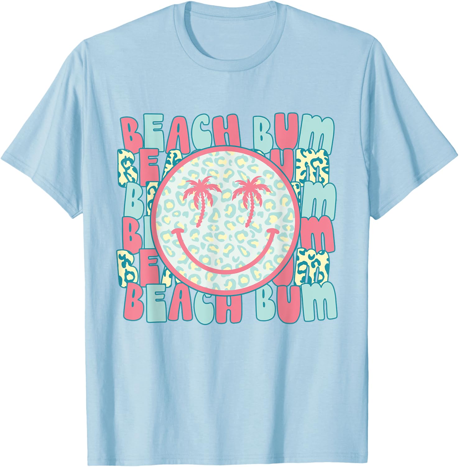 Retro Leopard Happy Face Palm Tree Eyes Beach Bum Smile Face T-Shirt - T-Shirt | Light Blue
