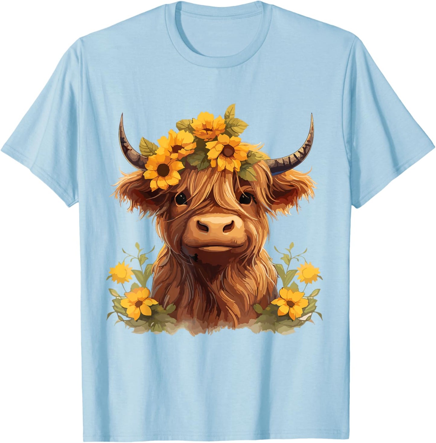 Scottish Highland Cow Sunflowers Heifer Country Farmer Girl T-Shirt - T-Shirt | Light Blue