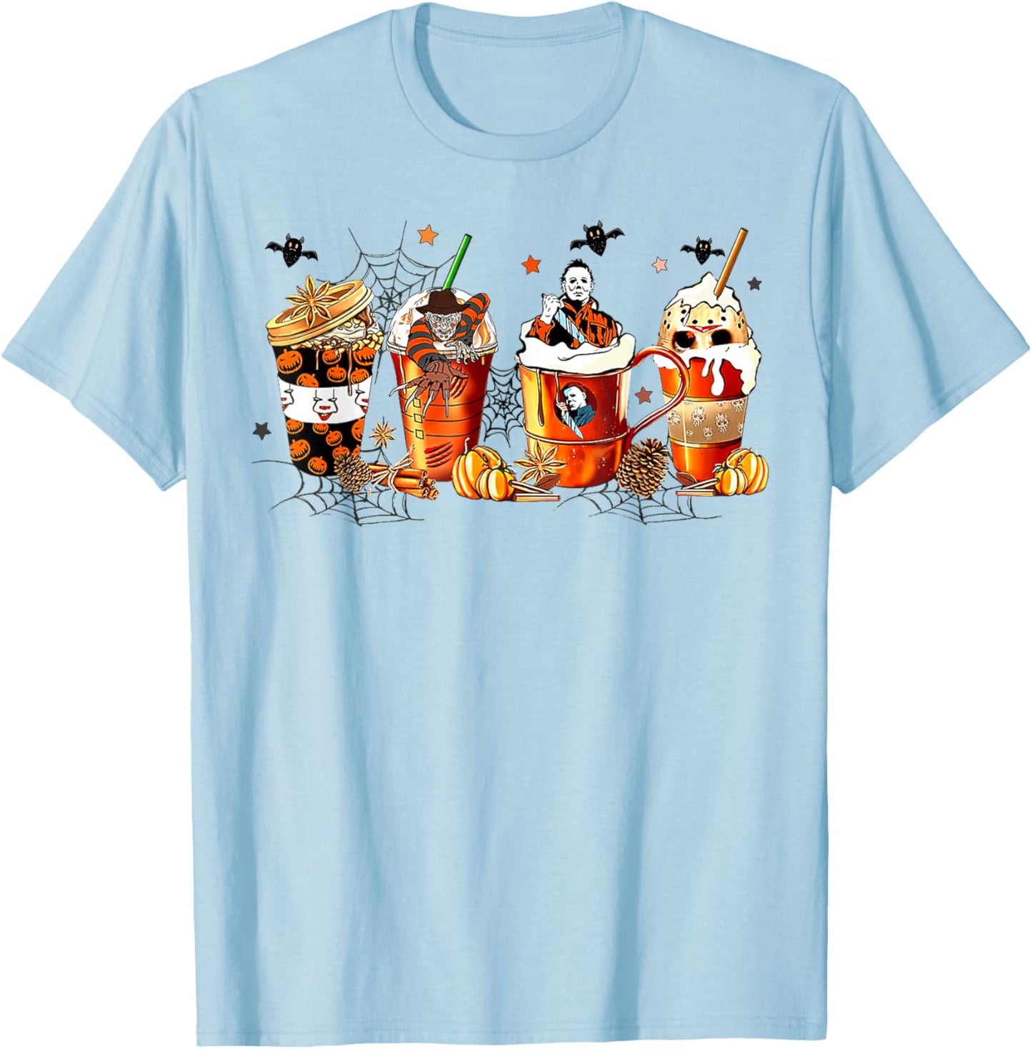 Vintage Halloween Horror Latte Coffee Cups Ghost Skeleton T-Shirt - T-Shirt | Light Blue