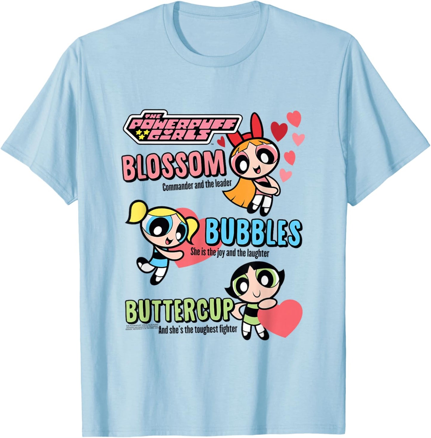 Powerpuff Girls Hearts and Trio Descriptions Cute Cartoon T-Shirt - T-Shirt | Light Blue