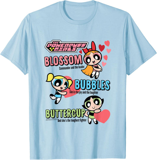 Powerpuff Girls Hearts and Trio Descriptions Cute Cartoon T-Shirt - T-Shirt | Light Blue